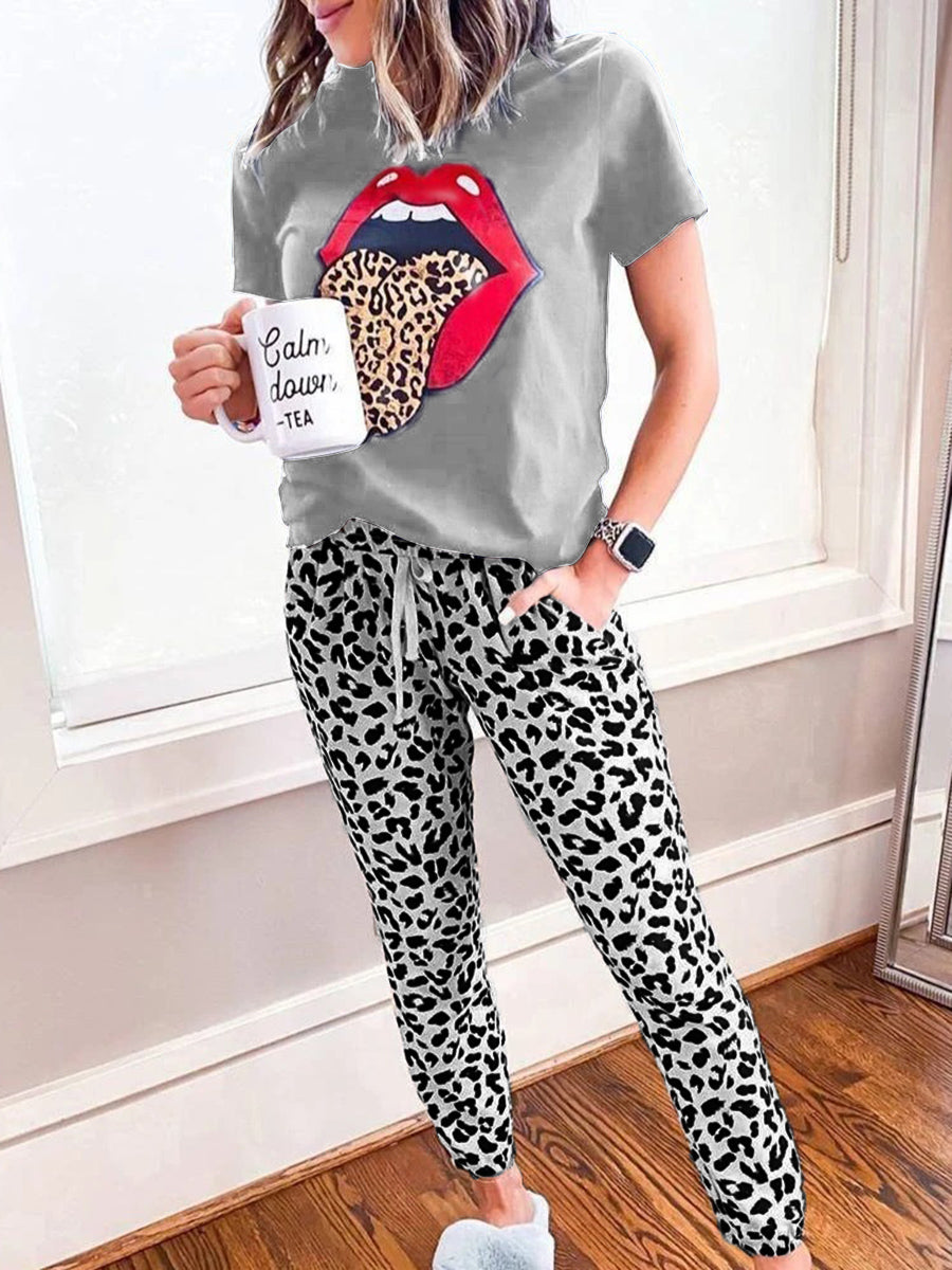 Casual Loose T-Shirt Pants Leopard Print Suit
