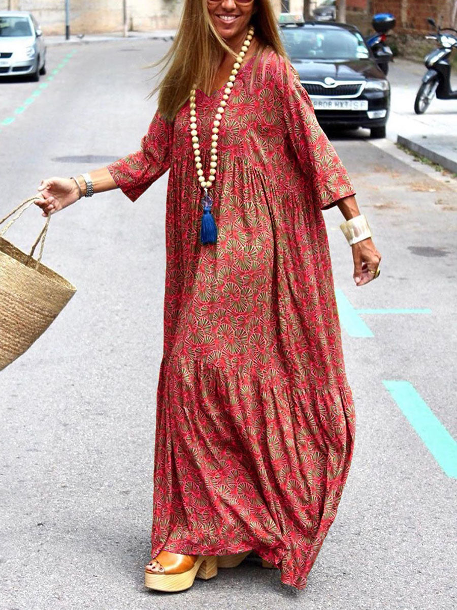 Bohemian Vintage Loose V Neck Long Dress