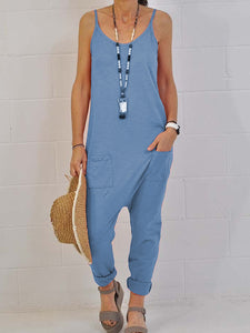 Casual Loose Round Collar Solid Color Suspender Jumpsuit