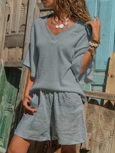 V-neck Short Sleeve Top Shorts Women's Suit