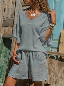 V-neck Short Sleeve Top Shorts Women's Suit
