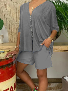 Simple Casual Loose V Neck Top Shorts Set