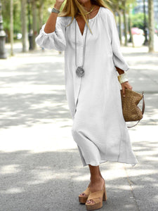 Simple Lantern Sleeve Loose Casual Button Long Dress