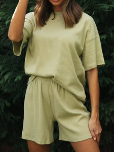 Casual Solid Color Short Sleeve Round Neck Two-piece Suit