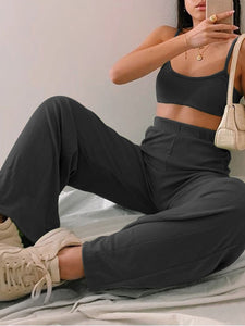 Casual V-neck Sling Sleeveless Solid Color Two-piece Suit