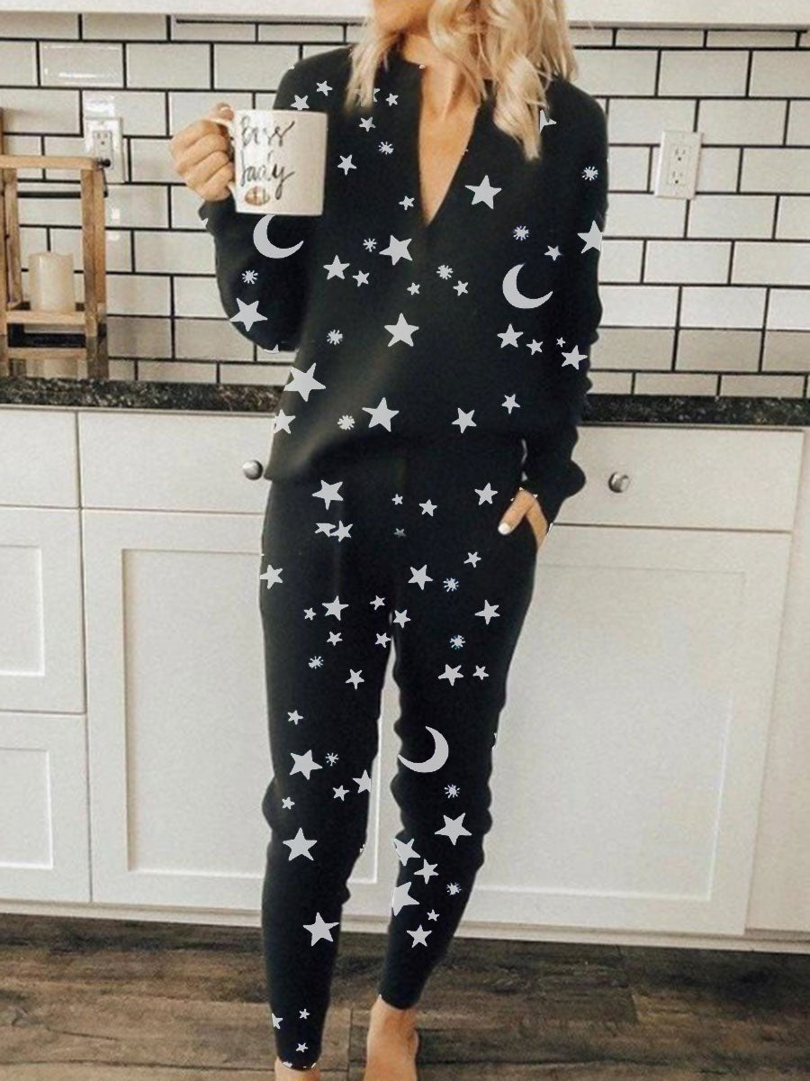 Casual V-neck Star Print Two-piece Suit