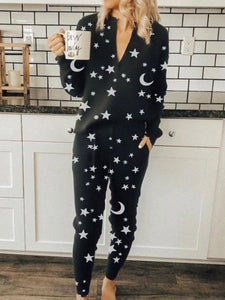 Casual V-neck Star Print Two-piece Suit