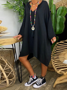 Casual Loose V Neck Long Sleeve Midi Dress