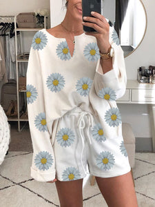 Casual Wild Chrysanthemum Print Two-piece Set