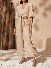 Load image into Gallery viewer, Women&#39;s Neckline Knotted Crop Top and Loose Trouser Suits
