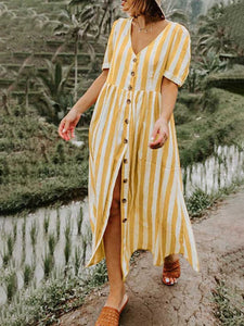 Short Sleeve Button V-neck Stripe Dress