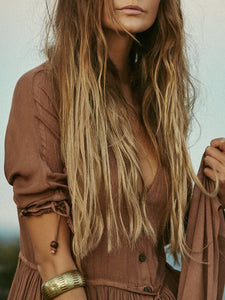 Vintage V-neck Button High Waist Split Maxi Dress
