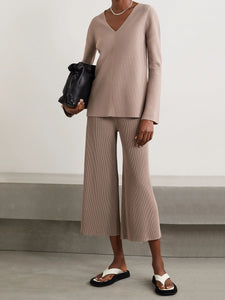 Pure Color V-Neck Casual Knitted Long Sleeve Suit