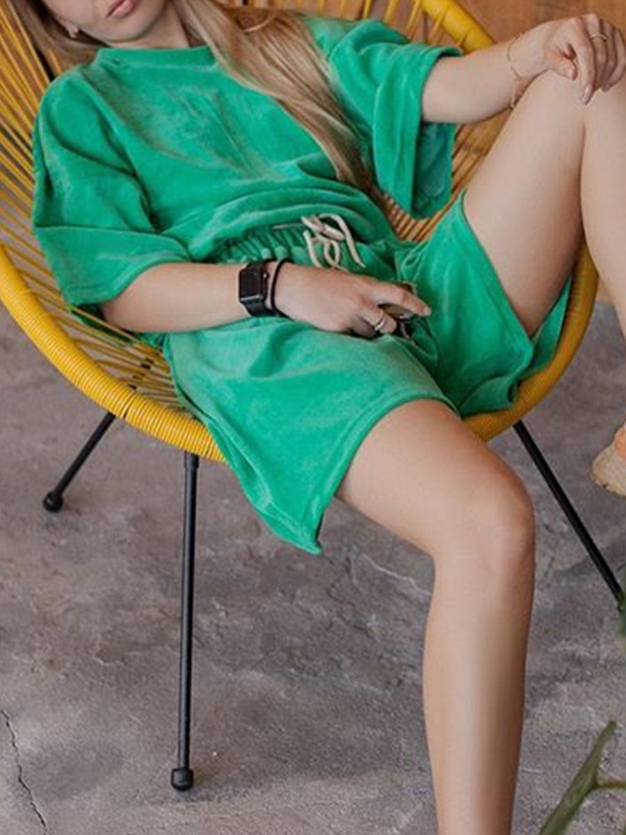 Casual Solid Color Round Neck Tie Two Piece Set