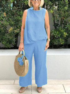Simple Casual Loose Round Neck Top Pants Set