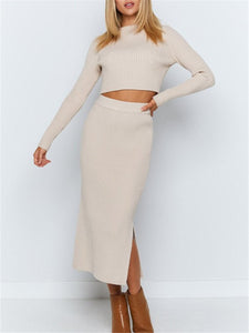 Round Neck Solid Color Knitted Suit Skirt