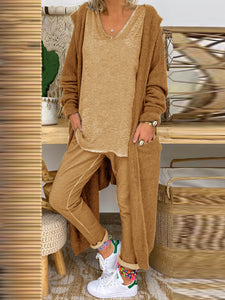 Solid Color Top Trousers and Cardigan Outwear Three-piece Suit