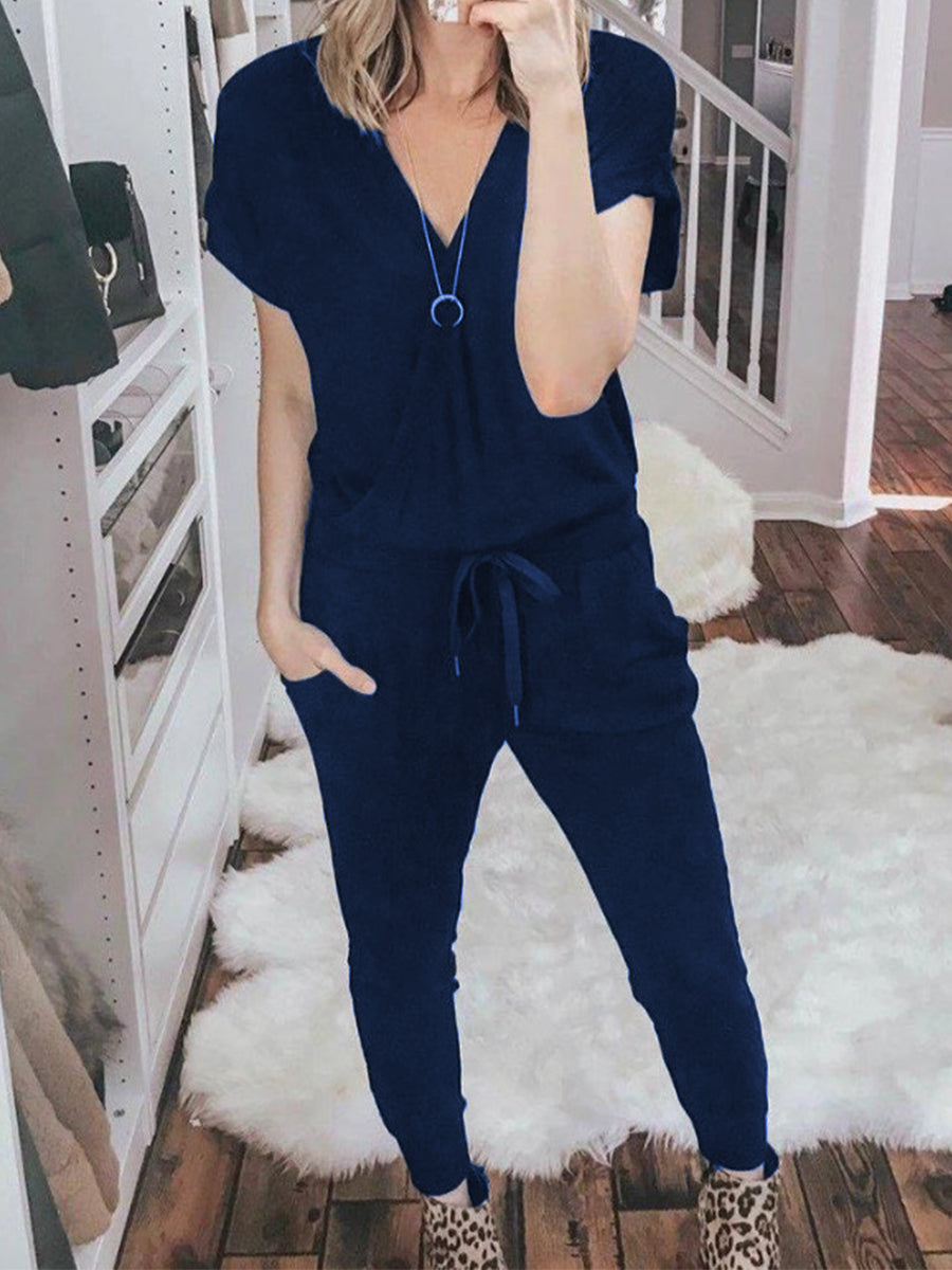 Short Sleeve Solid Color Pockets Lounge Set