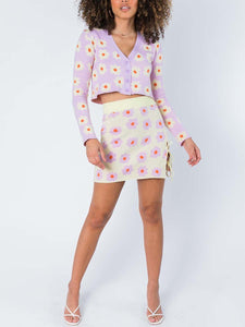V-neck Floral Print Knit Suit