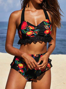 Printed Halter Lace Stitching Bikini Set