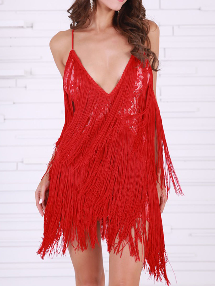 Fringed Sexy Suspender Lace Evening Dress
