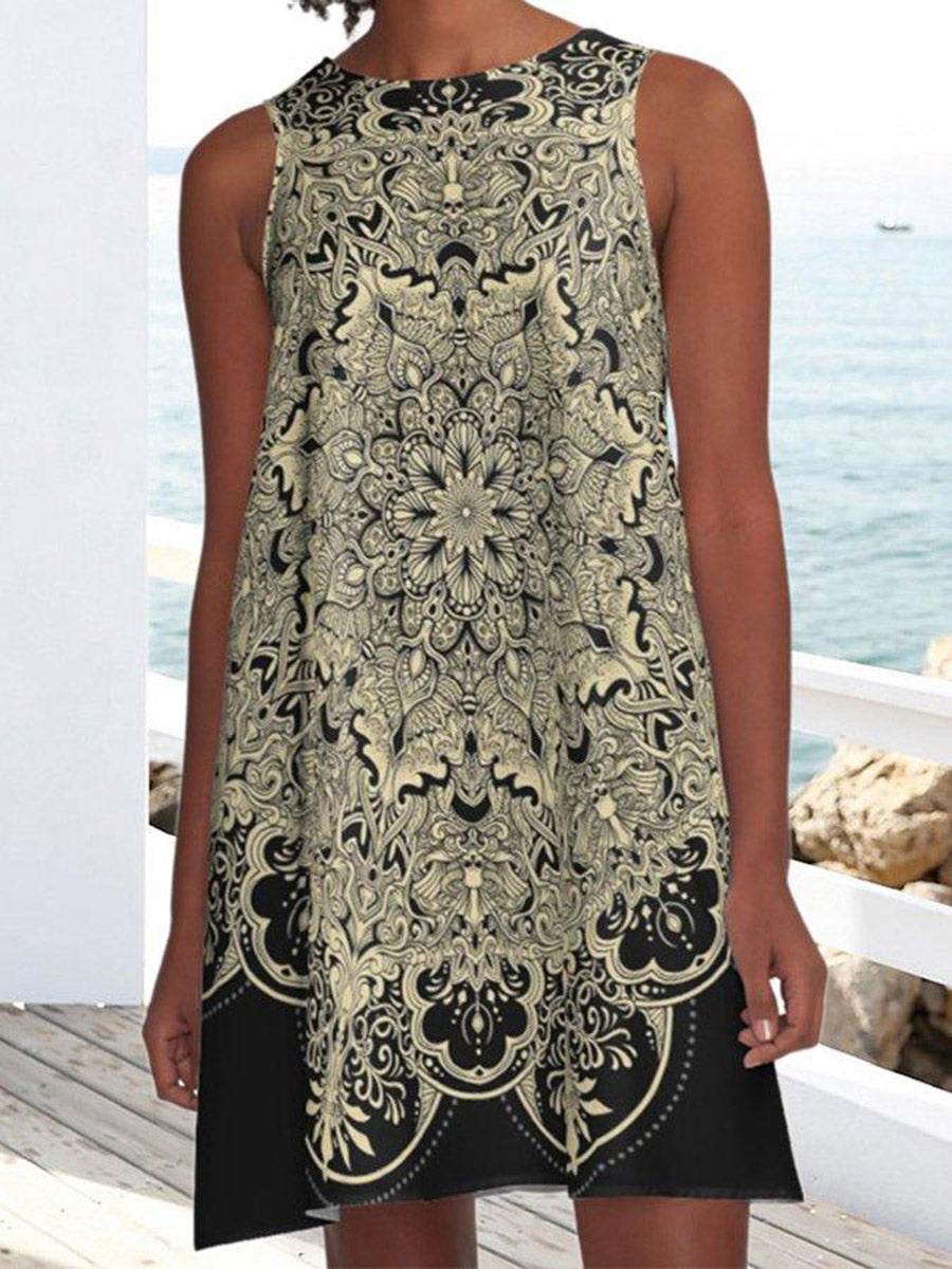 Retro Pockets Crew Neck Tribal Sleeveless Dresses