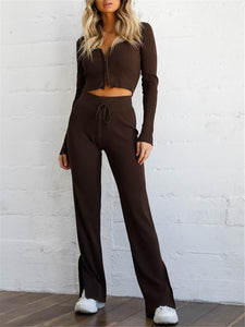 Knit Solid Color Suit with V-neck Zipper