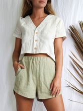 Load image into Gallery viewer, V-Neck Button Short Sleeve Top Linen Shorts Women&#39;s Suit Two-Piece
