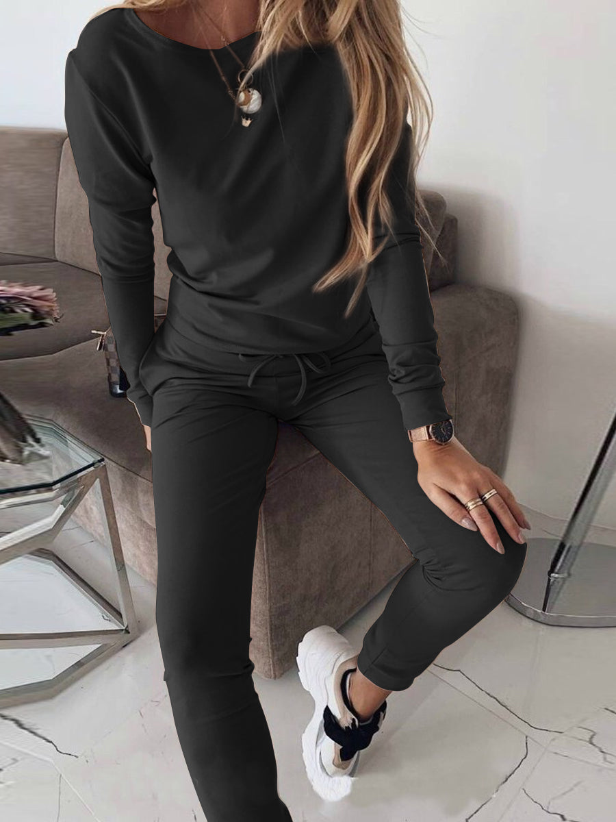 Casual Solid Color Long-sleeved Top Two-piece Suit
