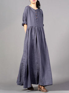 Personality Solid Color Round Neck Button Dress