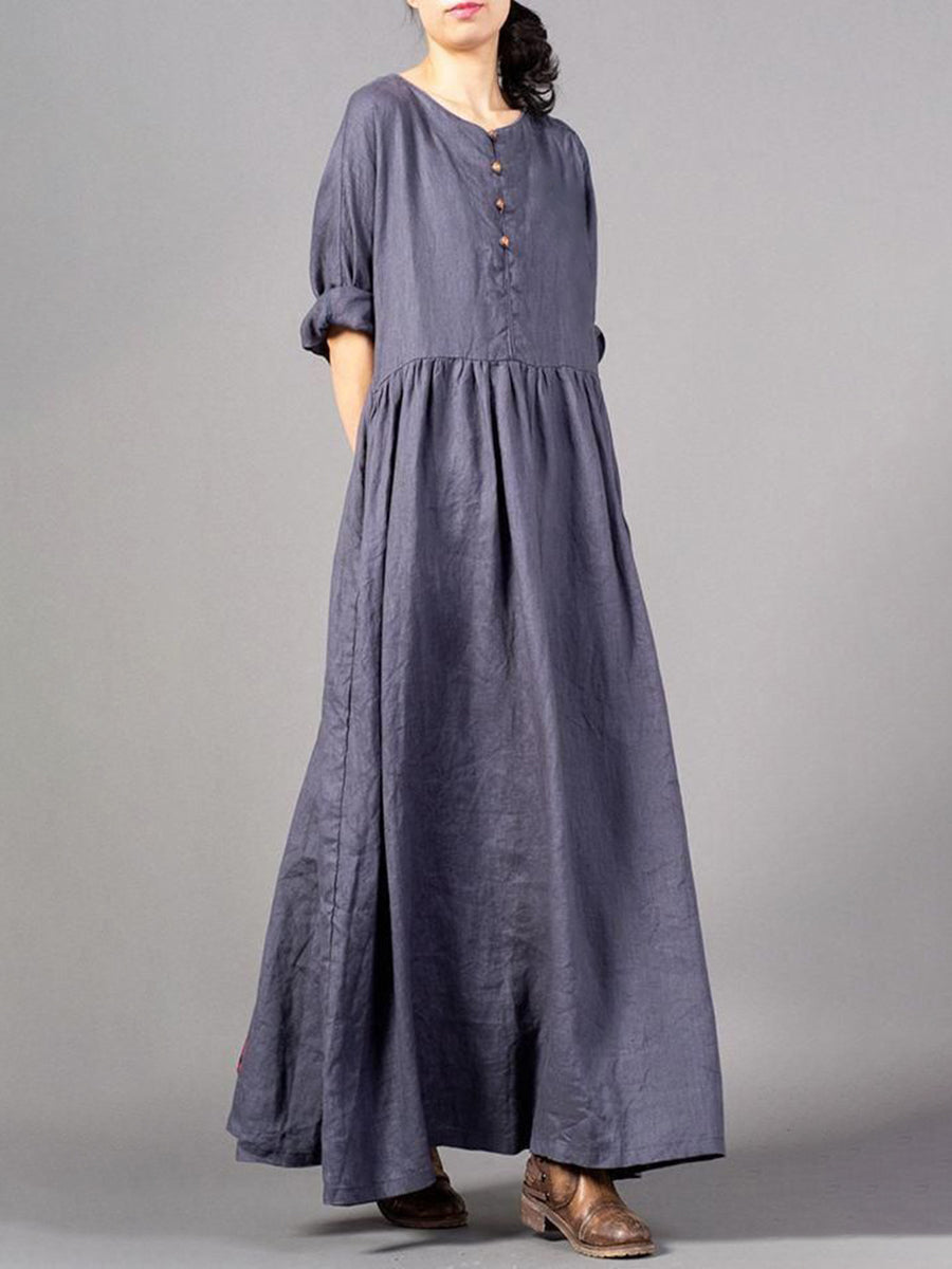 Personality Solid Color Round Neck Button Dress