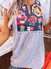 Load image into Gallery viewer, Striped Spot Short Sleeve Women&#39;s Blouses with Flowers
