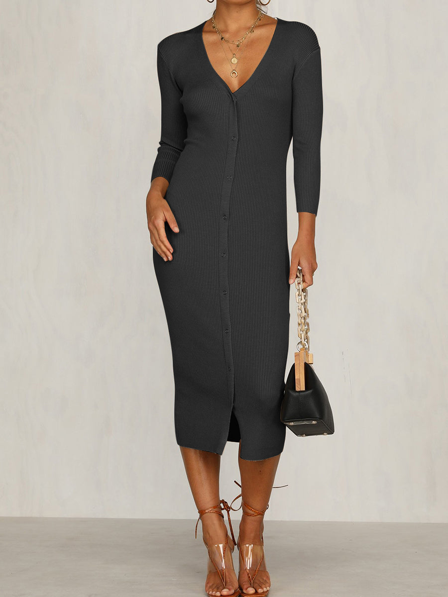 Sexy Solid Color V-neck Button Long Sleeve Dress