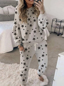 Simple Casual Loose Top Pants Star Print Set