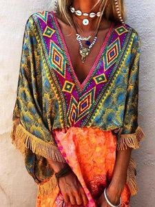 Bohemian Printed Tassel Mini Dress