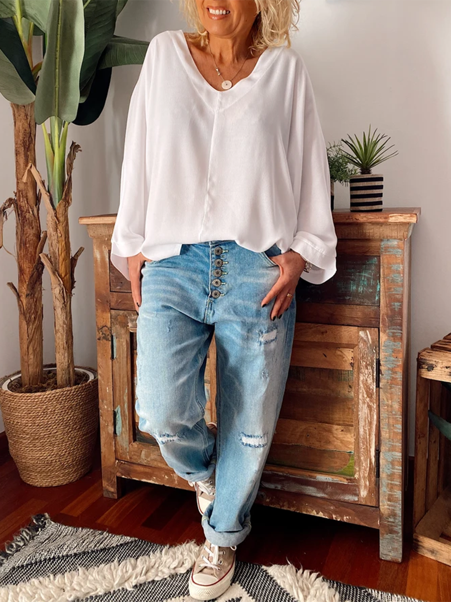 Casual Pure Color Long Sleeve V-Neck T-Shirts