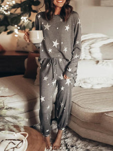 Casual Star Print Loose Long Sleeve Top Shorts Two-Piece Suit