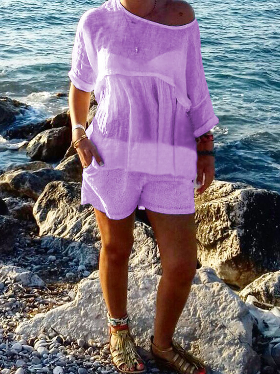 Round Neck Loose Perspective Short Sleeve Suit