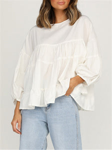 Round Neck Long-sleeved Ruffled Shirt