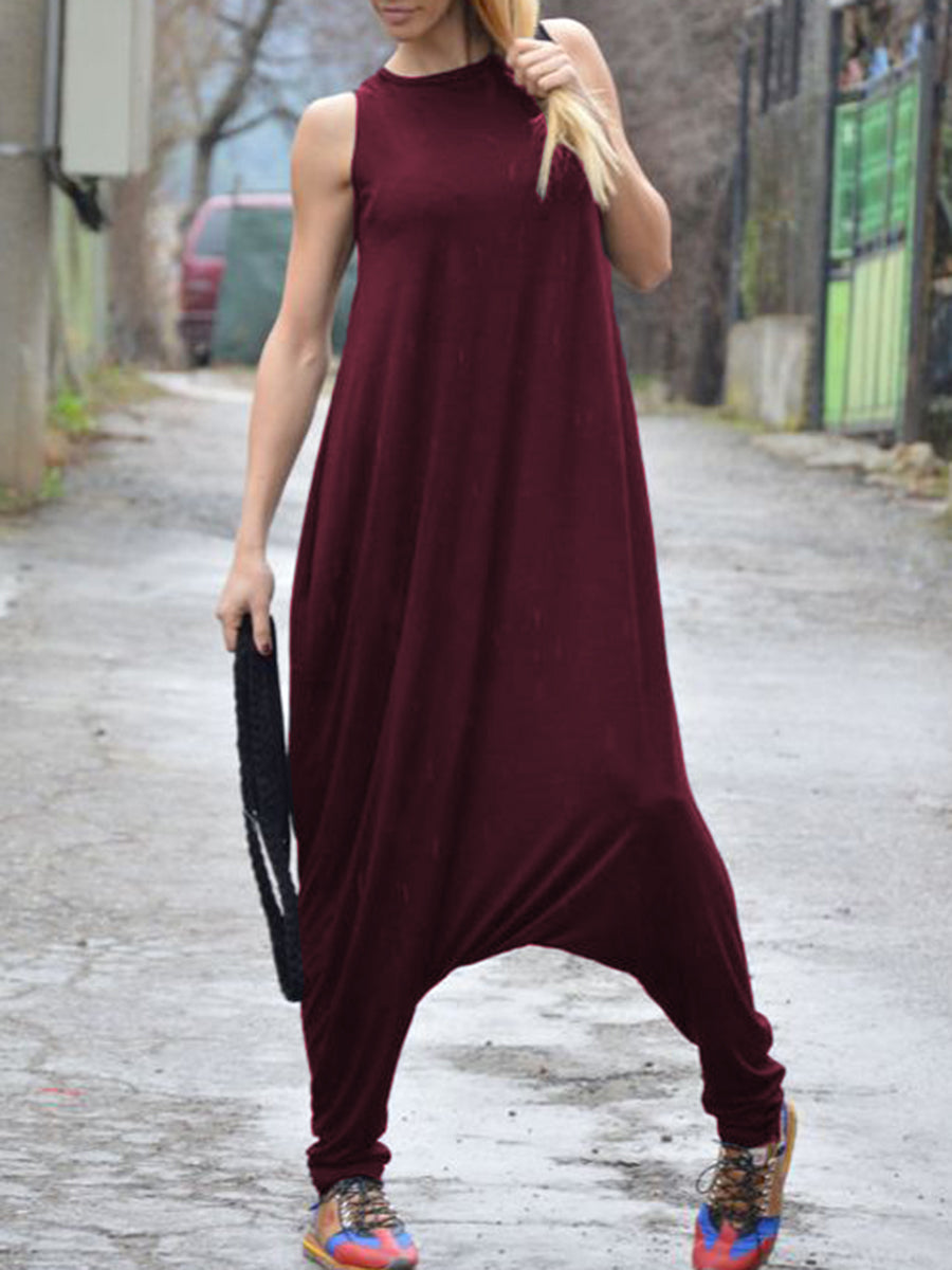 Casual Loose Solid Color Sleeveless Jumpsuit