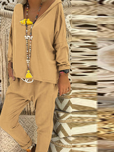 Simple Casual Loose V Neck Hooded Top Pants Suit