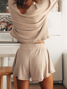 Solid Color Long Sleeve Top Loose Shorts Casual Suit