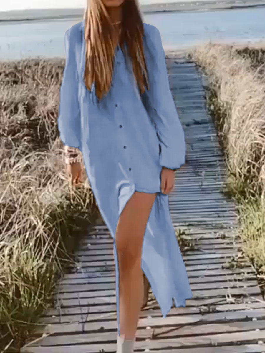 Casual Long Sleeve Button Solid Color Dress