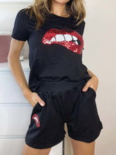 Load image into Gallery viewer, Lip Print Round Neck Short Sleeve Top Shorts Suit
