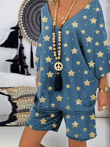 Deep V-Neck Star Print Shorts Set