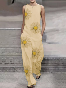 Fashion Casual Loose Daisy Printed Jumpsuit