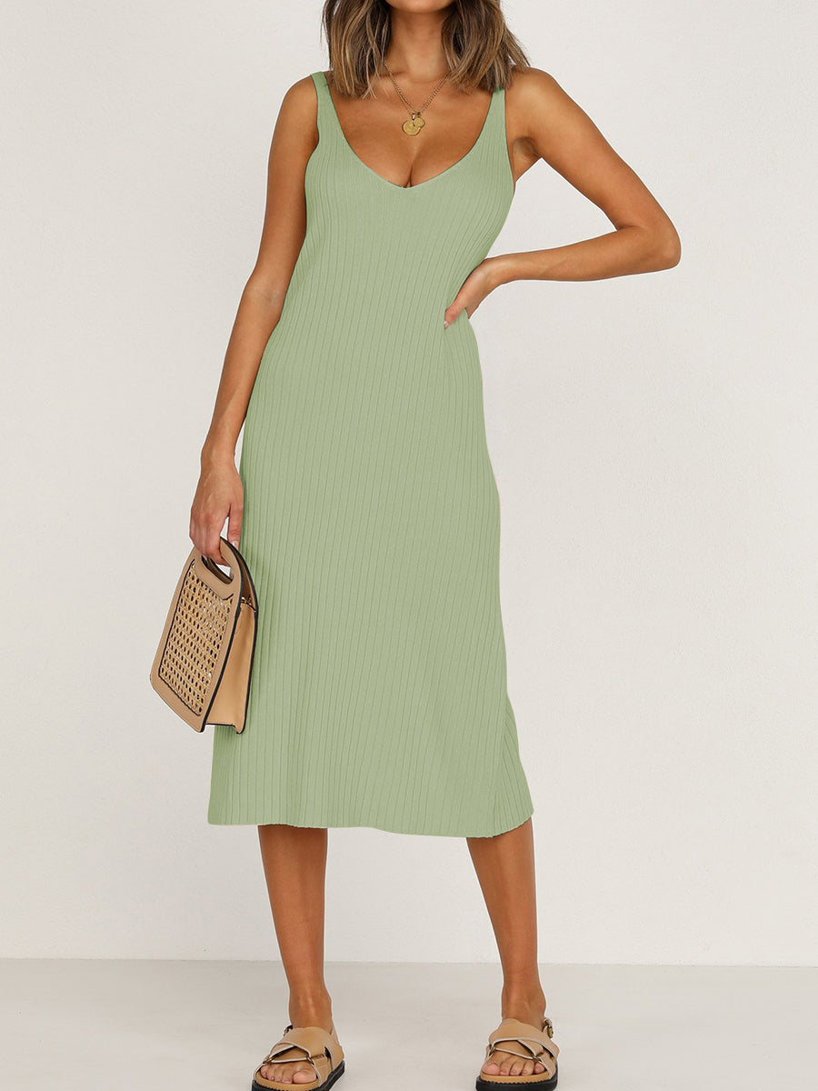 Sexy Solid Color V-neck Strapless Sleeveless Dress