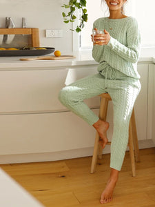 Casual Loose Round Neck Long Sleeve Top Pants Knitted Suit