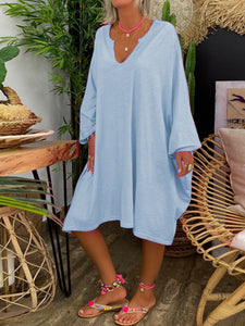 Casual Loose V Neck Long Sleeve Midi Dress