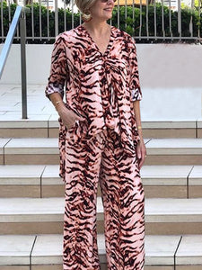 Leopard Print V-Neck Loose Casual Two-Piece Suit